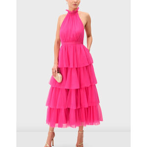 Wayward Fancies eShakti Pink Tulle High Neck Midi Dress Size M/L Princess